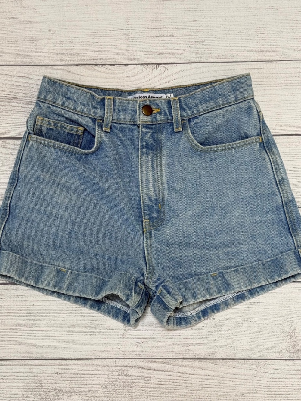 American Apparel High Rise Cuffed Denim Shorts Light Wash 100% Cotton Size 27